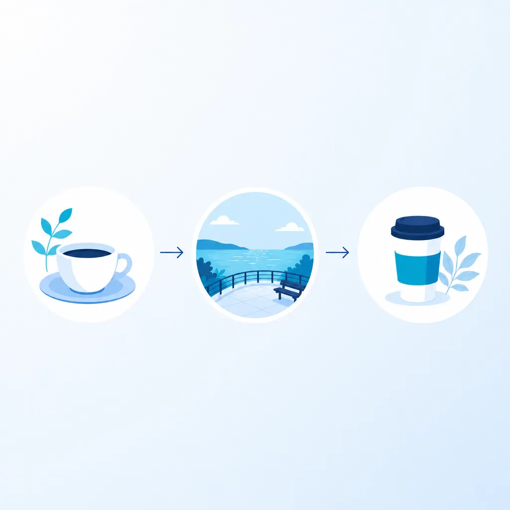カフェ→海辺の広場の散歩→締めのカフェ、という付き合う前デートの3つの流れを表した図